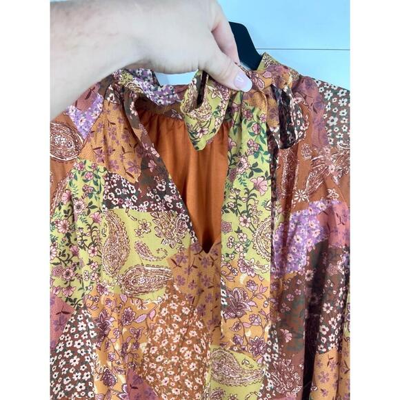 Aura Floral Paisley Patchwork Long Sleeve Peasant Blouse Size L Tie Back - Picture 7 of 12